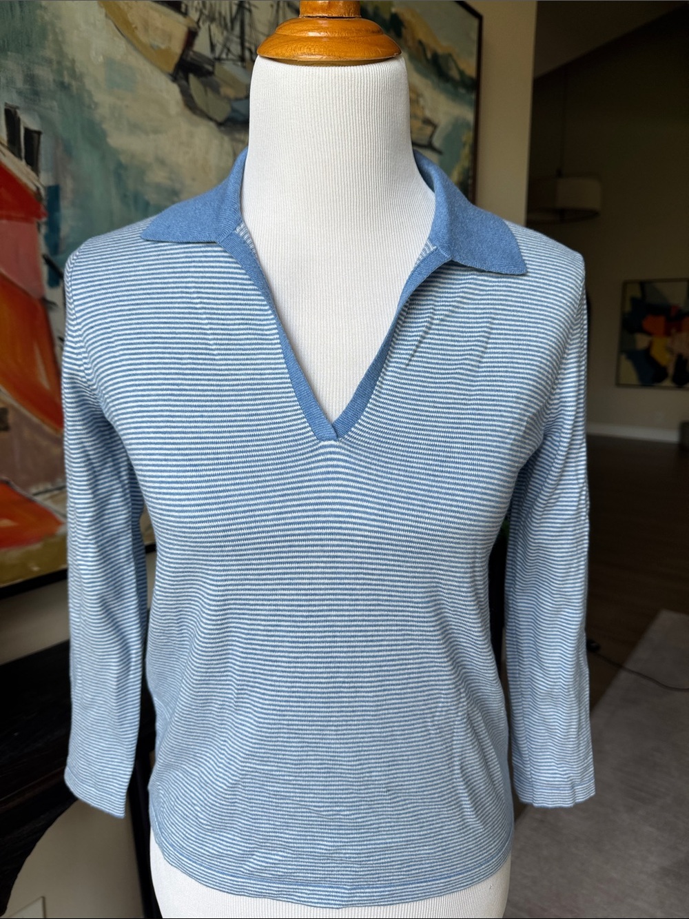 J McLaughlin Light Blue Striped V-Neck Sweater with Polo Collar